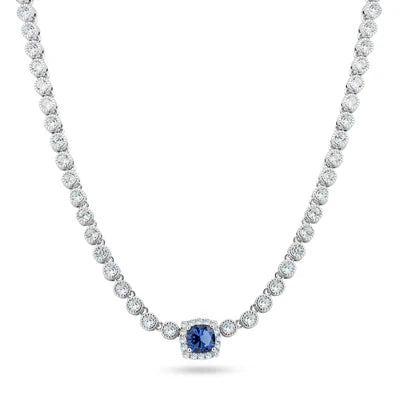 Royal Blue Halo Necklace – Premium CZ – Sterling Silver