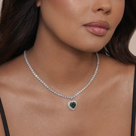 Heart Tennis Necklace – Premium Green CZ – Sterling Silver