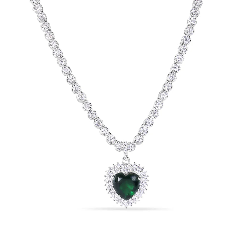 Heart Tennis Necklace – Premium Green CZ – Sterling Silver