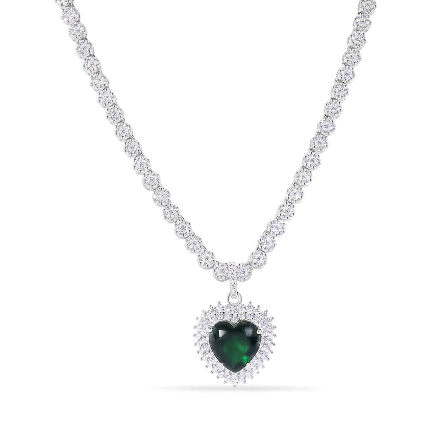 Heart Tennis Necklace – Premium Green CZ – Sterling Silver