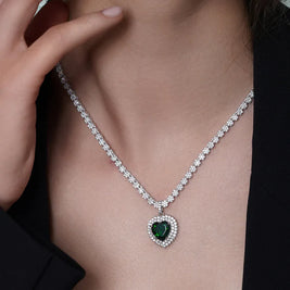 Heart Tennis Necklace – Premium Green CZ – Sterling Silver