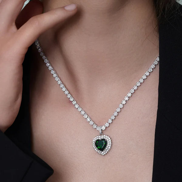Heart Tennis Necklace – Premium Green CZ – Sterling Silver