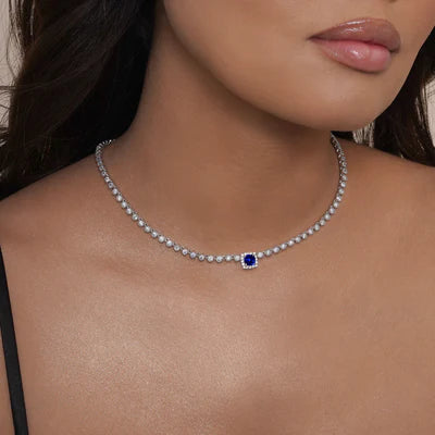 Royal Blue Halo Necklace – Premium CZ – Sterling Silver