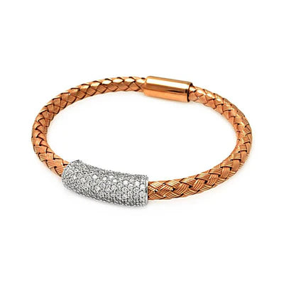 Braided Italian Bar Bracelet – Two Tone Rose Gold – Premium CZ – Sterling Silver