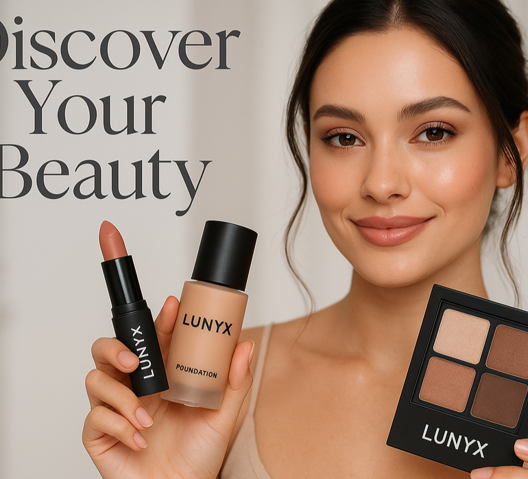 ADD A GIRL HOLDING MAKE UP PRODUCTS WITH LABELED LUNYX ON IT WITH A TEXT OF ANYTHING