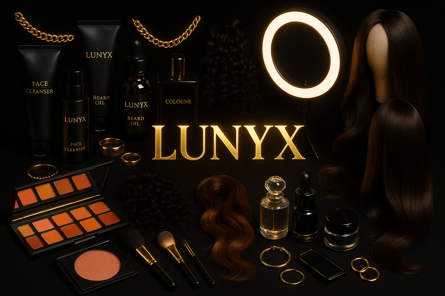 ADD MENS CARE AND BEAUTY PRODUCTS AND JEWELRY AND RING LIGHT AND MAKE UP AND HUMAN HAIR AND OTHER BEAUTY STUFF WITH BLACK BACKGROUND WITH MY LOGO NAME (LUNYX) WITHJ A GOLD TEXT MAKE IT LOOK PERFECT