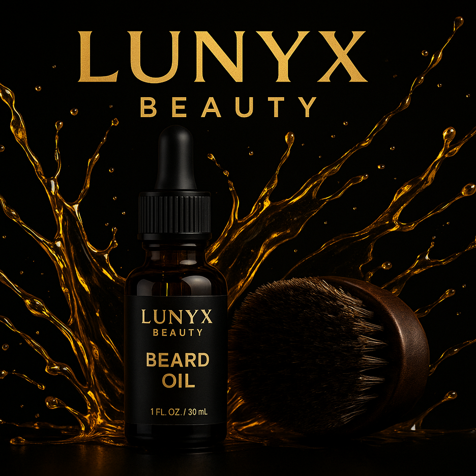 ADD MY LISTING PICTURES 'FROM THE LISTING PICTURES IN MENS CARE COLLECTION' OF BEARD OIL AND BRUSH OF OIL SPLASH WITH BLACK BACKGROUD WITH LUNYX BRAND ON TOP REMEMBER FROM THE MENS CARE COLLECTION PRODUCTS PICTURES LISTING