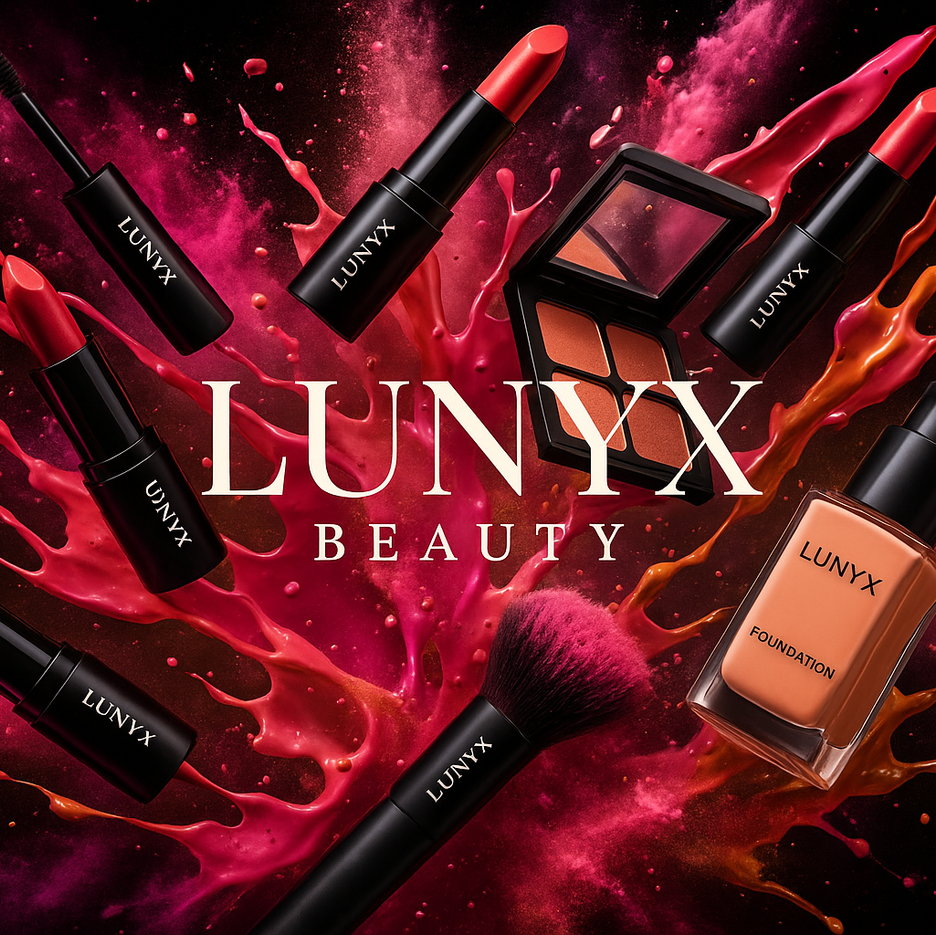 ALL MAKE UP SPLASHING WITH TEXT LUNYX BEAUTY AND PRODUCTS LABEL LUNYX 
