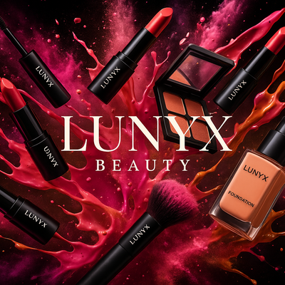 ALL MAKE UP SPLASHING WITH TEXT LUNYX BEAUTY AND PRODUCTS LABEL LUNYX 