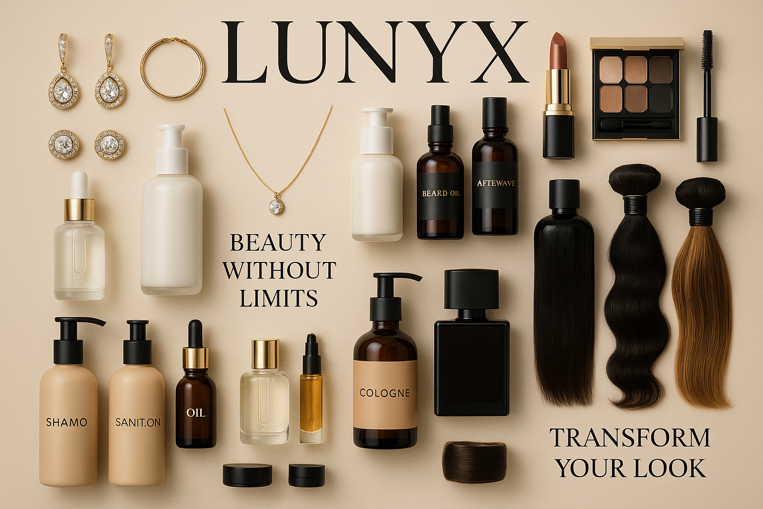 put everthing i sell i sell womens jewerly and makeup and skin care and mens care and hair care and human hair pur everthing in one image with LUNYX COMPANY NAME ON THE TOP AND ADD TEXT YOU CAN PUT ANYTHING