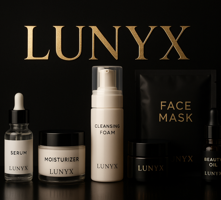 SKIN CARE PRODUCTS WITH MY COMPANY NAME (LUNYX) GOLD TEXT